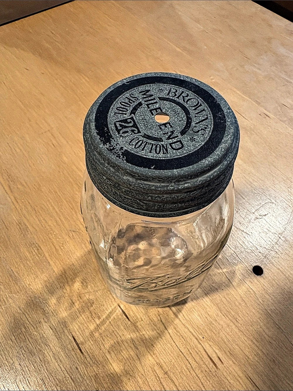 Browns ~ Spool yarn cotton Ball Mile End Glass Storage Jar galvanized Metal Lid